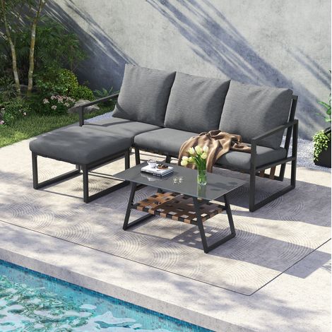 Set da giardino in acciaio zincato 3 posti grigio con tavolino in vetro temperato e pouf (1/5)