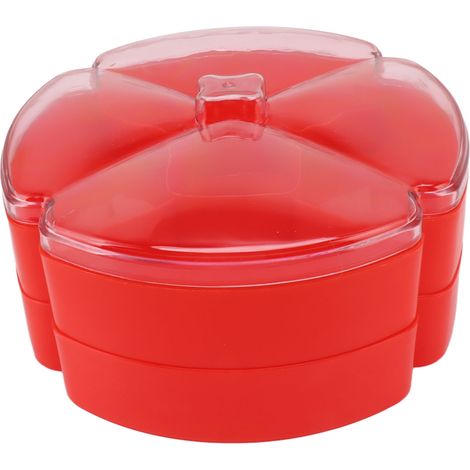 Plateau de service compartimenté en plastique à double compartiment, avec couvercle, rouge, idéal pour les noix, les bonbons et les fruits secs. (1/5)