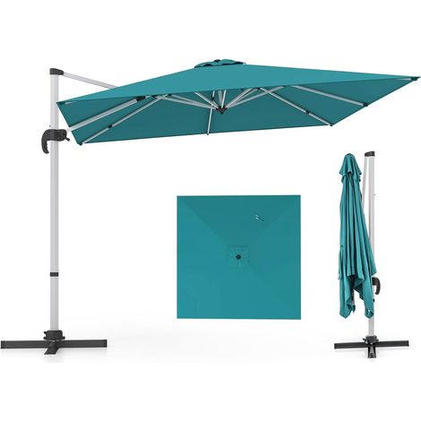 Costway – Parasol déporté carré 3m – Base croisée – Poteau en aluminium rotatif 360° – Manivelle inclinable – 8 baleines – Tissu polyester bleu (1/5)