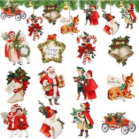 Décorations de Noël Vintage en Bois pour Sapin, Lot de 12 Ornements Suspendus Père Noël, Renne, Cloche, Tranches, Étiquettes et Canne pour Fête à Domicile (1/5)