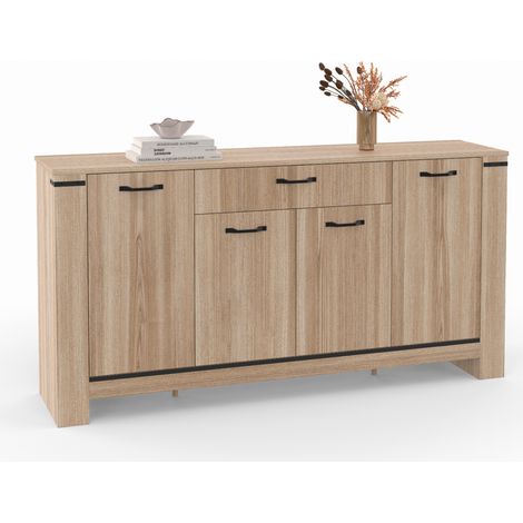 Idmarket – Buffet contemporain 160 cm – 4 portes avec tiroir – Structure en panneaux de particules – Finitions métal noir – Design épuré