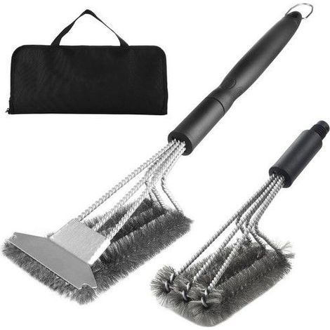 Brosse et grattoir barbecue - Tête de brosse 3 en 1 - Grattoir intégré - Poignée antidérapante 52 cm - Acier inoxydable (1/5)