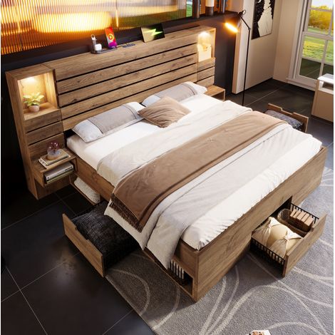 Cama doble con LED USB y cajones acabado roble OKMYHOME (1/5)