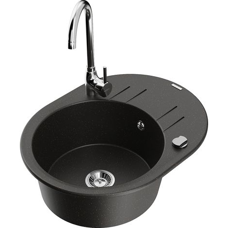 Mexen Kevin lavello in granito a 1 vasca con sgocciolatoio e rubinetto da cucina Telma, nero/oro metallico - 6517-75-670200-00 (1/5)
