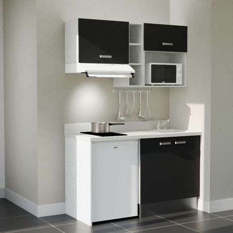 Kitchenette K13L - 140 cm - plan monobloc évier intégré Snova- évier à droite - Façades Noir + Electroménager inclus coloris Blanc
