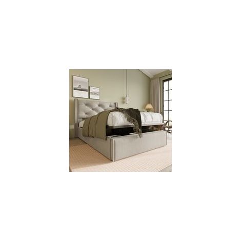 Lit coffre 90x200 cm Tête de lit capitonnée Sommier à lattes en métal Espace de rangement sous le lit Gris clair (1/5)