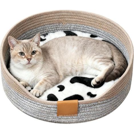 Lit pour chat avec coussin, lavable, panier pour chat, en cordes de coton, panier pour dormir, diamètre : 38 cm, hauteur : 13 cm, panier pour animal domestique, panier pour chat, panier tress (1/5)