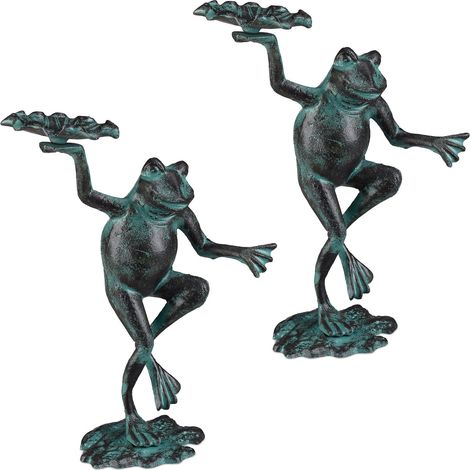 Set of 2 Relaxdays Garden Frog Figurines, Weatherproof, In- & Outdoor Toad, For Balcony, Pond, Cast Iron, Size M, Green