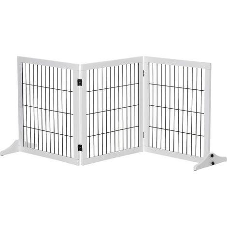 Grille autoportante 3 panneaux en bois 185×71cm, barrière sécurité chiens pliable, idéale escalier, porte, cuisine et couloir, blanc (1/5)