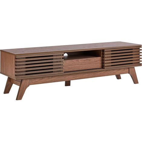 Beliani – Meuble TV bois foncé 149 cm – 2 portes coulissantes – 1 tiroir – 5 compartiments de rangement – Style rétro moderne (1/5)