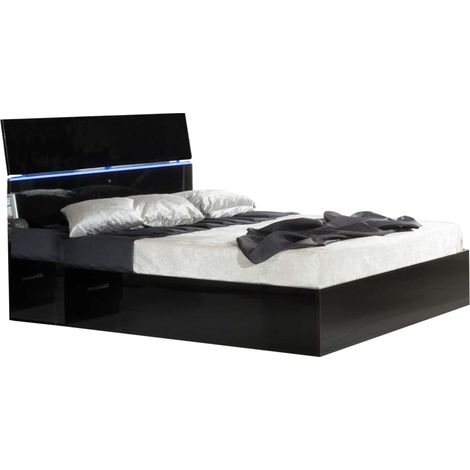 Lit moderne bois noir laqué et tête de lit noire laquée avec led Mona-160x200 (1/5)