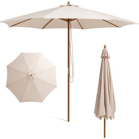 300 cm großer Sonnenschirm aus Holz Tischschirm mit 8 Bambusrippen 300 x 300 x 262 cm Beige