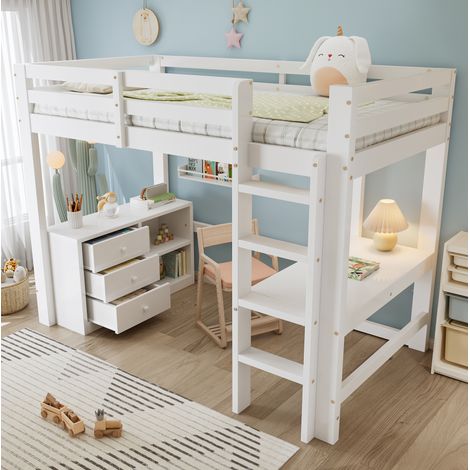 Cama alta infantil con escritorio, cajonera y estantería, 90x200 cm, madera maciza+MDF, blanca, somier de láminas (1/5)