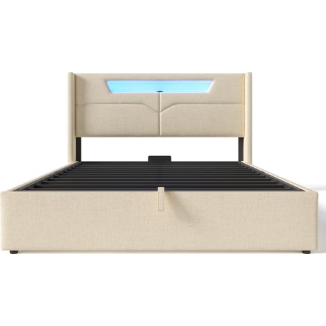 Cama doble LED 160 x 200 cm con puerto USB Type-C, tela de lino beige, somier de láminas (1/5)