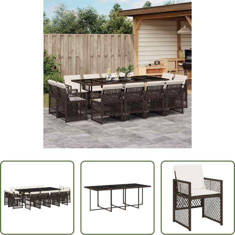 vidaXL Gartentisch - 13-tlg. Garten-Essgruppe mit Kissen Braun Poly Rattan (1/5)