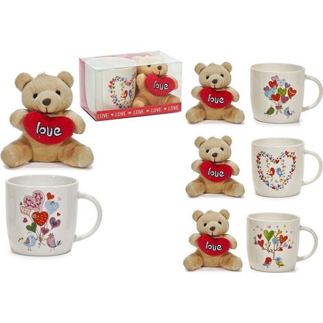 TRADE SHOP - Set Tazza 30cl In Ceramica Con Orsacchiotto Di Peluche Cuore Rosso Regalo San Valentino - (1/4)