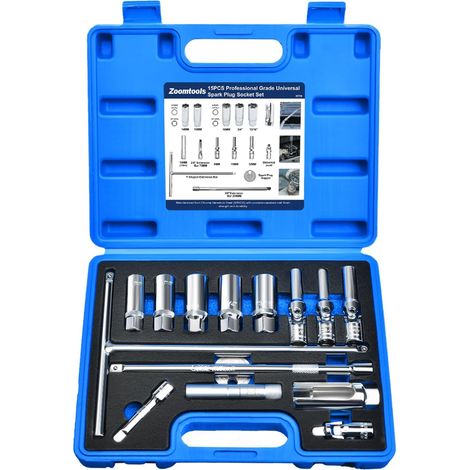 Set di 15 chiavi per candele, kit di bussole per candele magnetiche (14/16/18 mm) con impugnatura a T, strumento per la rimozione delle candelette, calibro per la distanza tra gli elettrodi e giunto u (1/5)
