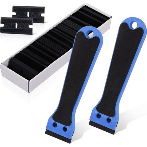 2 Grattoir Plastique avec 100 raclettes, Long Manche Grattoirs, pour Enlever les étiquettes, a colle, la peintureAutocollants et décalcomanies,bleu (1/5)