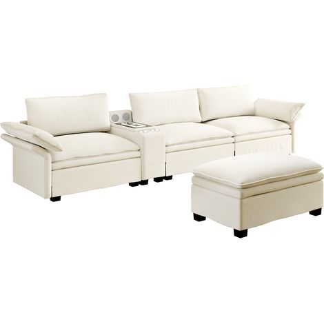 Divano modulare angolare 4 posti in ciniglia beige con pouf e console (1/5)