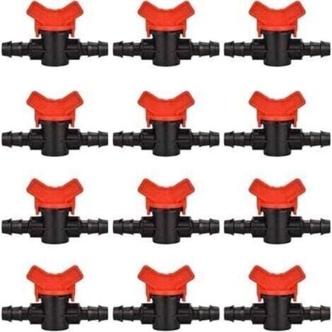 12 grifos para manguera de jardín, válvula de riego de 16 x 16 mm, válvula de cierre de plástico para control de agua en jardines exteriores (negro + rojo)