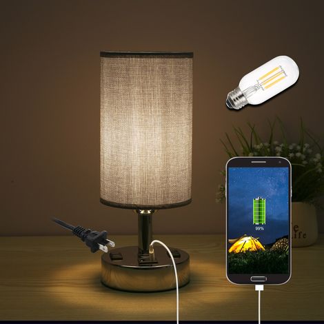 Ortviai Lampe de chevet avec prise AC et ports USB, 3 niveaux de luminosité, touche sensible, abat-jour en lin gris, base métallique (1/4)
