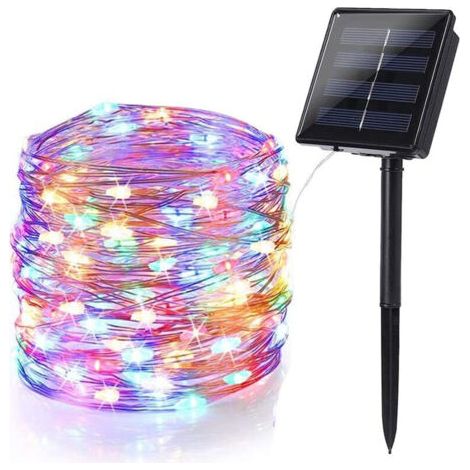 Guirlande Lumineuse Exterieur Solaire, 12m 100 LED Guirlande Guinguette Noël Solaire Étanche 8 Modes Décoration Lumière pour Jardin Terrasse Cour Maison Mariage Fête (Multicolore),