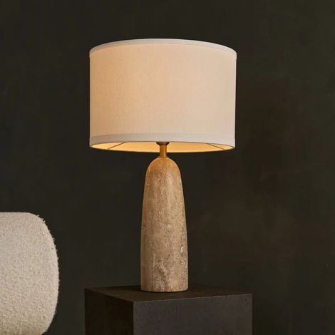 Lampe à poser en travertin et abat-jour en coton - Lampe de table beige et blanc E27 - PANGIVO (1/5)