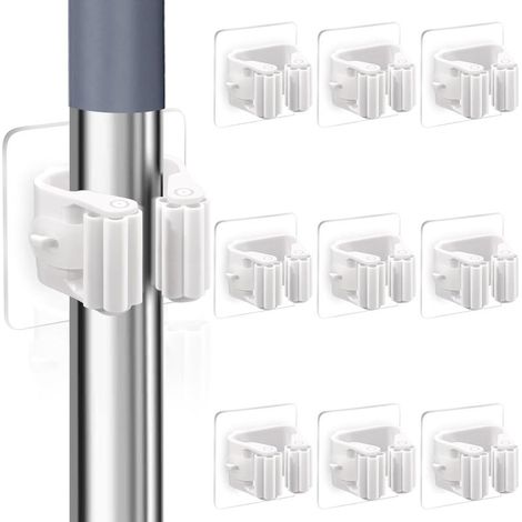 Set of 10 wall-mounted broom holders, no drilling required, wall-mounted broom holders for kitchen, stairs, bathroom, garage (White, 10 pieces) (1/5)