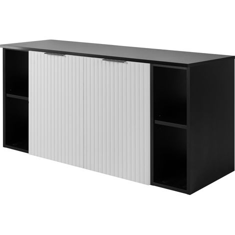 Furnidea - Meuble sous vasque suspendu FLOW BLANC 120 cm avec 2 x l'étagères - extensions et plan NOIR - 2 portes - façades rainurées (1/5)