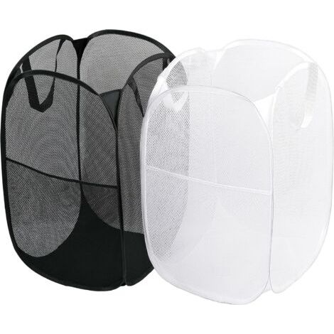 Lot de 2 paniers à linge pliables en maille avec poignées robustes, faciles à ouvrir et à plier, adaptés aux dortoirs, buanderies, chambres, camping-cars… (Blanc + Noir) 30 x 48 cm