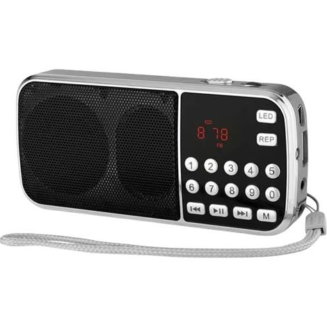 Radio AM/FM, petite radio portable - Double haut-parleur avec basses puissantes, lampe torche LED, format de poche, lecteur MP3 pour carte TF, USB et AUX, batterie rechargeable...