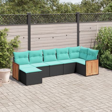 7-teiliges Gartensofa-Set mit Kissen, schwarzes Polyrattan (1/5)