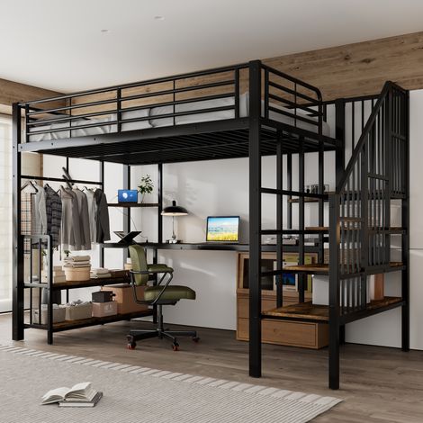 Cama alta infantil metálica de 120×200 cm, individual, con puerta de carga, sin colchón, anticaídas, negra, con escritorio y estantes (1/5)