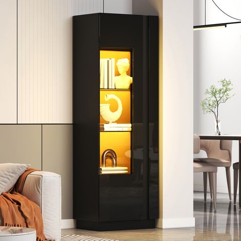 MODFU – Vitrine haute 60x40x180 cm panneaux particules – Porte acrylique et LED par app – 5 niveaux et charge 45 kg – Salon – Noir (1/5)