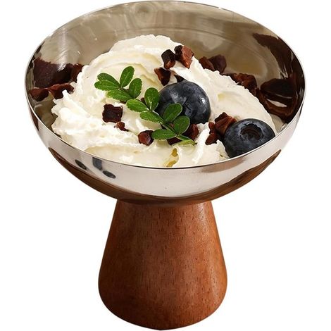 Ciotola per gelato e dessert in acciaio inox con base in legno - 10 cm di diametro, 10 cm di altezza, design elegante per gelato, budino e frutta. (1/5)