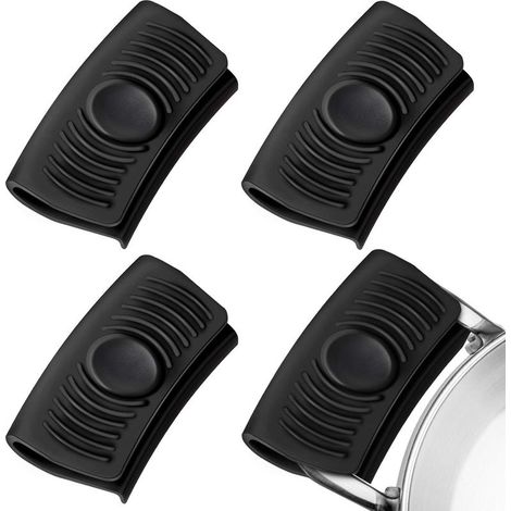 2 Paires de Support de Poignée(Noir) en Silicone d'Assistance Poignée de Pot Isolée Thermiquement Support Couvercle Manchons Maniques de Poignée Chaude pour Casseroles Assiettes (1/4)