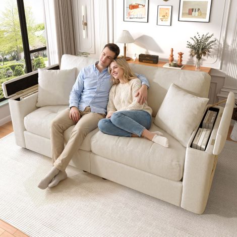 Divano moderno a 2 posti da 180 cm per soggiorno, di colore beige, con vano contenitore sul bracciolo, rivestimento in morbido tessuto ciniglia, completo di 2 comodi cuscini e imbottitura in schiuma a (1/5)