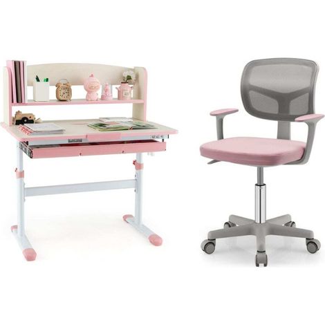 Ensemble bureau et chaise enfant réglable en hauteur rose avec plateau inclinable et rangements pour chambre et salle d'étude (1/3)