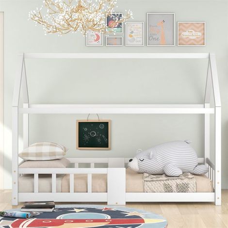 Lit cabane enfant 90 x 200 cm en pin blanc avec sommier à lattes et tableau noir (sans matelas)