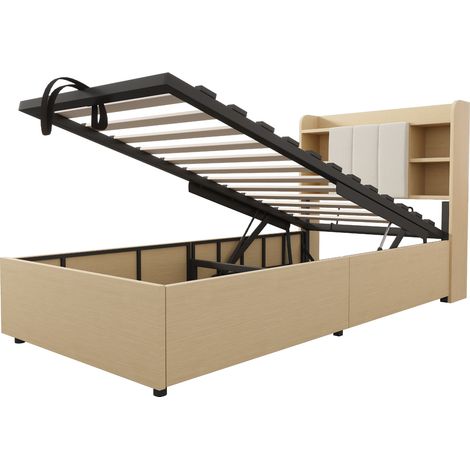 Letto singolo 90 x 200 cm con vano contenitore idraulico, porte USB e USB-C, MDF, legno naturale (1/5)