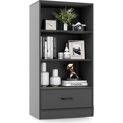 GOPLUS Bibliothèque sur Pied à 4 Niveaux 60x38x120CM avec 3 Compartiments Ouverts,1 Tiroir,avec Dispositif Anti-basculement,Gris (1/5)