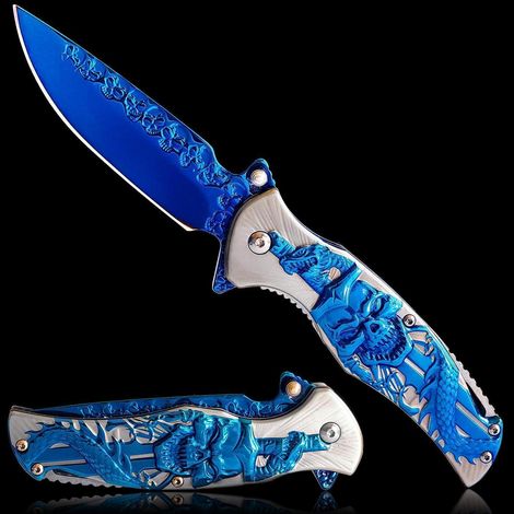 Klappmesser mit 3D Drachenprägung, Titanbeschichtet, Blau