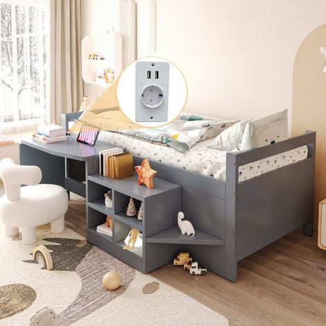 Lit Enfant 90x200 cm avec Bureau intégré et Prises électriques norme européenne, Lit Enfant 1 Place en Bois avec Rangements intégrés, Gris - BATDTECH (1/5)