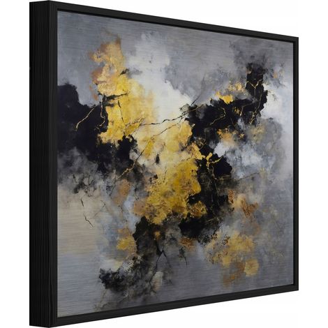 Metall Wandbild mit schwarzem Rahmen, Beton Abstrakt Gold für Wohnzimmer und Schlafzimmer, Wanddeko im Industrial Look, 30 x 30 cm