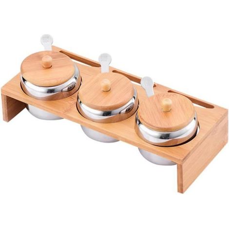 Pot À Épices - Acier Inoxydable - Support En Bois - Pour Sel Poivre Sucre - Lot De 3 (1/5)