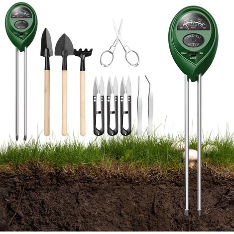 Soil Tester - 3-in-1 Moisture pH Light Meter - Bonsai Tool Set - 10-Piece Gardening Kit Including Pruning Shears Rake Tweezers Shovels (1/5)