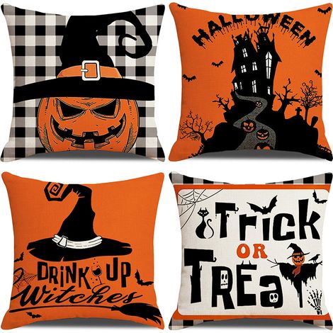 Set mit 4 Halloween-Kissenbezügen, schwarz-weiß kariertes Kürbismuster aus Leinen, Sofakissenbezug, Couchkissen (45x45 cm) (1/4)