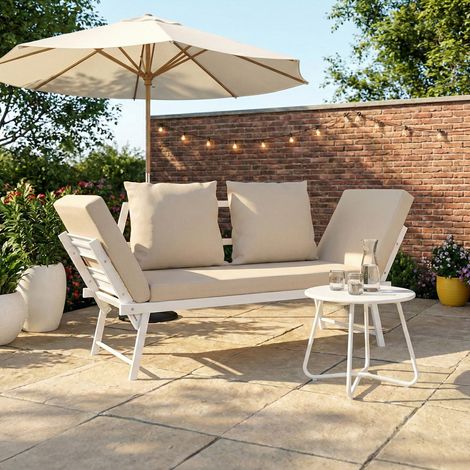 Sofá de jardín, banco convertible de 2/3 plazas NOLA con reposabrazos reclinables de metal blanco y cojines beige
