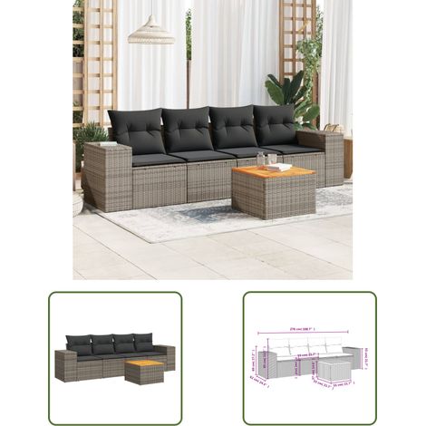 The Living Store 5-tlg. Garten-Sofagarnitur mit Kissen Grau Poly Rattan - Gartenmöbel - Outdoor Möbel - Rattan Gartenset - Lounge Set - Esstisch