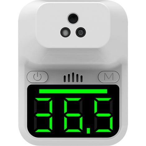 Thermomètre frontal numérique sans contact, fixation murale, infrarouge, affichage °C/°F, alarme vocale, idéal pour bureaux, usines, écoles, magasins et restaurants.